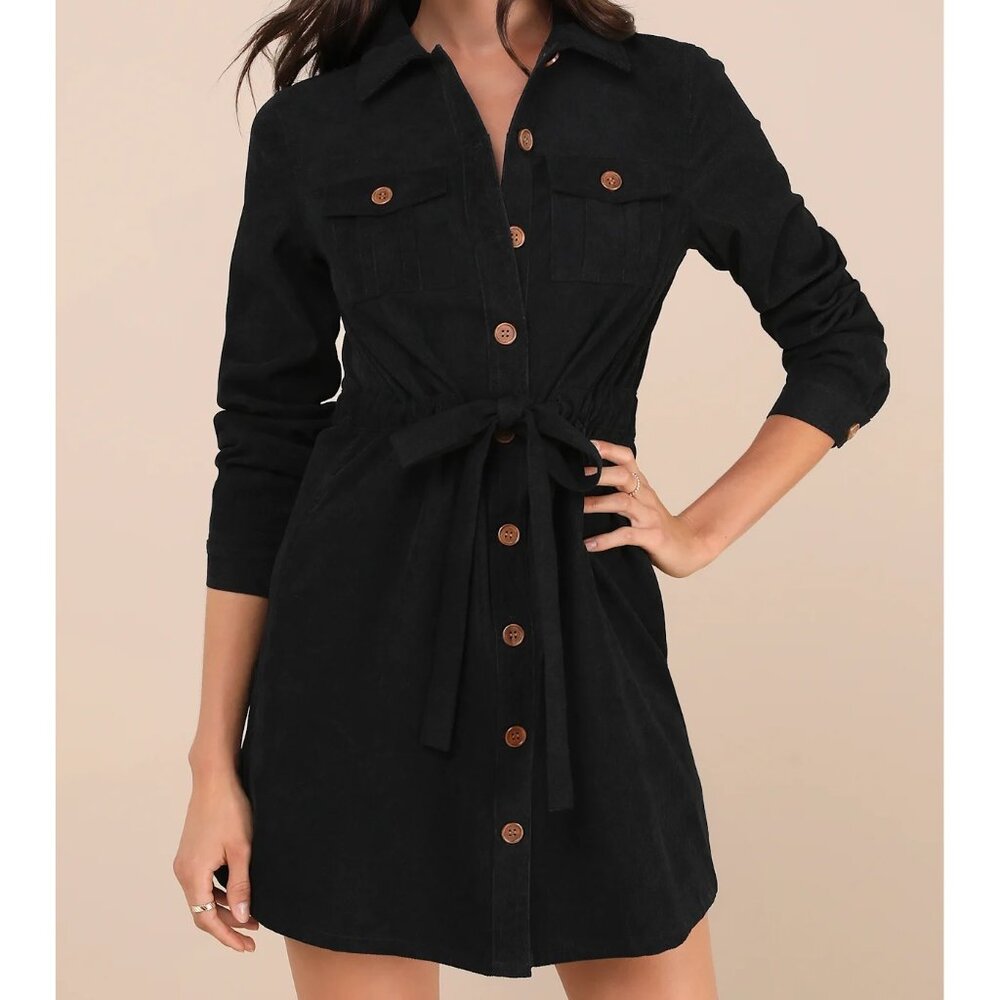 NWT Lulus Simple Affection Corduroy Mini Shirt Dress S Black Pockets Elegant